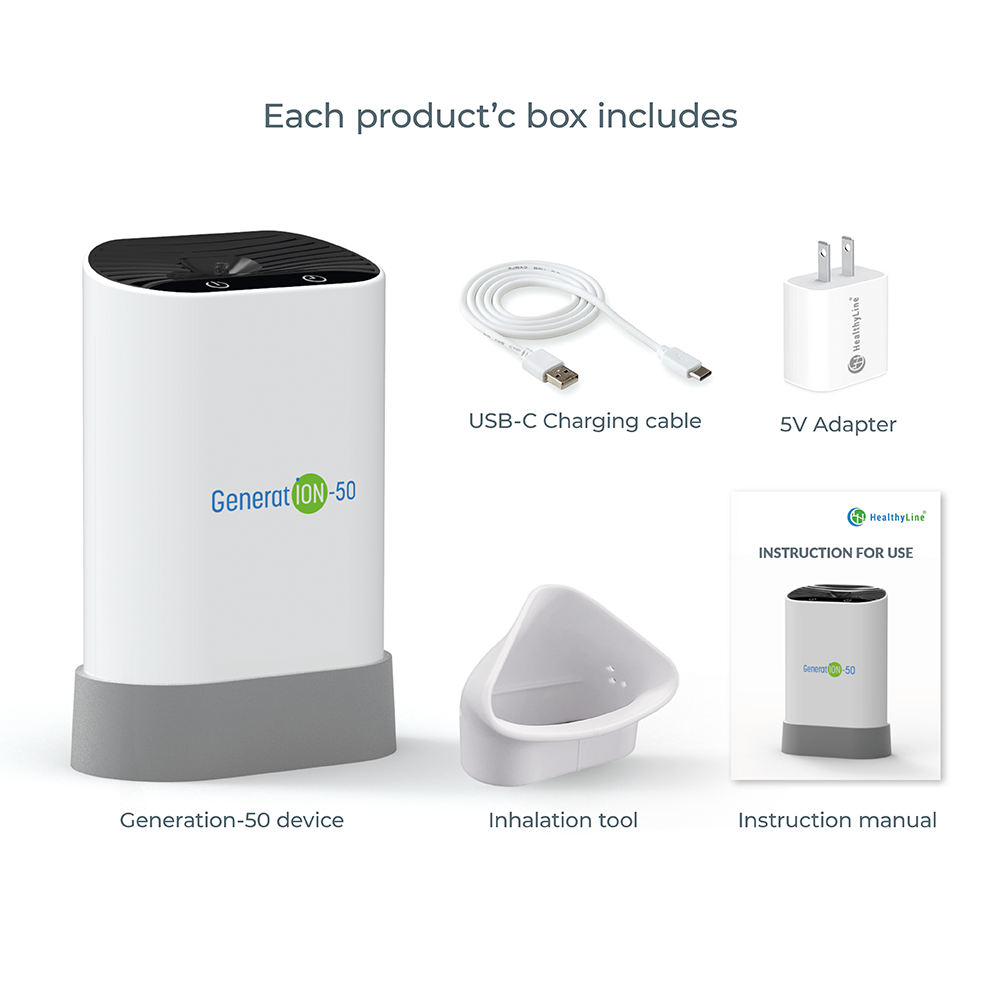 Each Generation-50 Air Purifying Device by HealthyLine comes with a USB-C charging cable, 5V adapter, white inhalation tool, and instruction manual—everything included in the box.