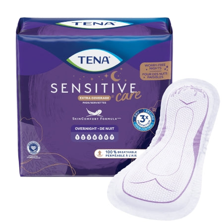 A package of McKesson TENA® Sensitive Care Bladder Control Pads, 16-inch length and heavy absorbency, with extra coverage for overnight use. The purple packaging is shown with an individual pad beside it. Breathable and one size fits most.