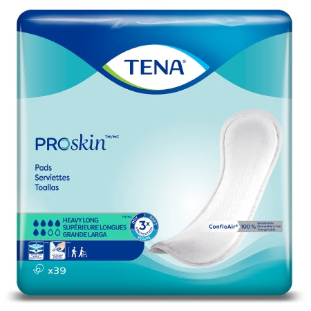 The packaging for the McKesson Bladder Control Pad TENA ProSkin™ prominently features a white pad and the text "Pads," "Serviettes," and "Toallas." It highlights its 15" Heavy Absorbency with "Heavy Long x39" and has a soothing blue and green design.
