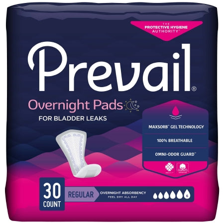 Prevail® Overnight Pads by McKesson, with features like MAXSORB Gel Technology, 100% breathable material, and Omni-Odor Guard, come in a purple package containing 30 regular pads. Designed to provide trusted overnight protection with their heavy absorbency polymer core and one-size-fits-most design.