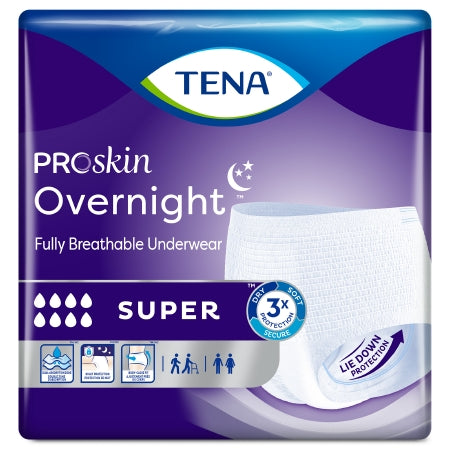 McKesson Unisex Adult Absorbent Underwear TENA ProSkin Overnight™ Super Protective offers maximum absorbency and incontinence protection, shown on purple-blue packaging with a white underwear image and icons for “lie down protection” and “3x secure overnight protection.”.