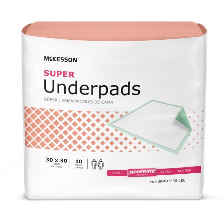 A package of McKesson Disposable Underpad Super, 30 x 30 inch, contains 10 moderate absorbency fluff/polymer underpads. Features McKesson branding and an illustration of the underpad on the front.