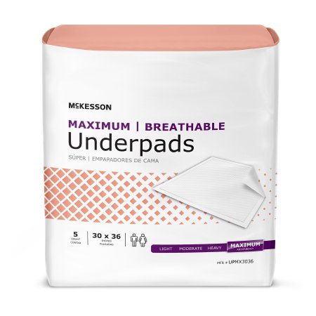 Image shows McKesson Ultimate Breathable Disposable Underpad packaging with a white base and peach top, highlighting its breathable backsheet. It's designed for moderate to heavy absorbency and measures 30 x 36 inches, containing five pads.