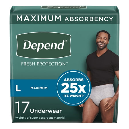 Depend Fresh Protection, a McKesson product, features a smiling man wearing a black t-shirt and gray underwear on its packaging. Highlighting "Maximum Absorbency" and "Absorbs 25x its Weight," each pack contains 17 large-size pairs designed for heavy absorbency needs.