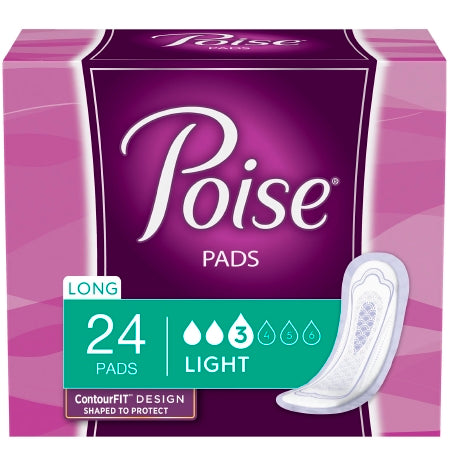 A box of McKesson Poise® Bladder Control Pads features a purple-pink design. The label reads "11 Inch," "Light Absorbency," "One Size Fits Most," and shows a single pad in the bottom right corner. Contains 24 pads, polymer core, absorbency level 3.