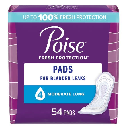 The McKesson Bladder Control Pad Poise® Fresh Protection™ offers 54 pads labeled "Moderate Long," featuring Moderate Absorbency, advanced odor control, and promises "Up to 100% Fresh Protection" with a Sodium Polyacrylate Core in each 12.20-inch pad designed for bladder leaks.