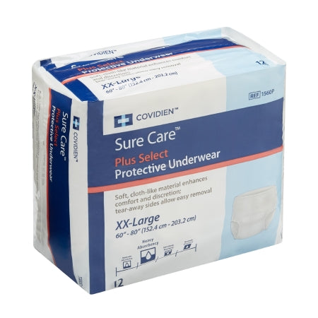 McKesson's Unisex Sure Care™ 2X-Large Disposable Absorbent Underwear features a soft, cloth-like design for comfort. The product comes in blue and white packaging that highlights its heavy absorbency along with measurements and illustrations for easy reference.