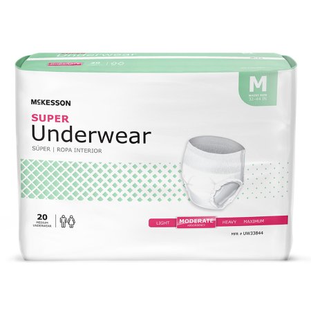 Package of McKesson Unisex Adult Absorbent Underwear Pull On with Tear Away Seams, size M for waist 32-44 inches. The white packaging with green accents features an image of the product and highlights its moderate absorbency level. Contains 20 pieces of disposable adult underwear.