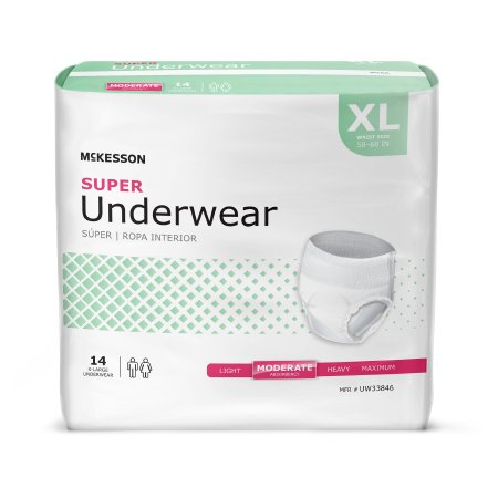 A 14-count pack of McKesson Unisex Adult Absorbent Underwear, X-Large, moderate absorbency, pull-on with tear away seams. Disposable underwear comes in a mostly white and green package with an image of the product on front.