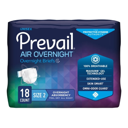 The packaging of McKesson's Prevail Air™ Overnight size 2 unisex adult incontinence briefs, 18 count, highlights features like complete breathability, Maxsorb Gel Technology for heavy absorbency, Skin Smart materials for comfort during extended use, and Omni-Odor Guard for discretion.