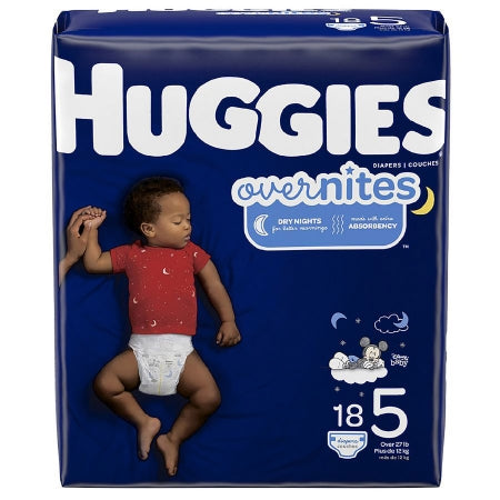 The McKesson Huggies® Overnites Size 5 Unisex Baby Diaper package, featuring a baby in a red shirt and diaper, promises "dry nights" with exceptional nighttime leak protection. The dark blue packaging highlights its heavy absorbency with 18 disposable diapers for restful slumber.