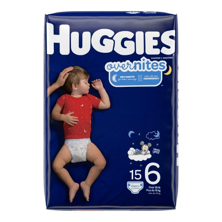 A package of McKesson's Huggies® Overnites unisex baby diapers, size 6 for over 35 lbs., features a sleeping toddler in a red shirt on a dark blue background. Offering heavy absorbency and nighttime leak protection, it ensures restful sleep. Includes 15 disposable diapers.