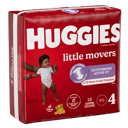 The McKesson Unisex Baby Diaper Huggies® Little Movers, Size 4, features a vibrant red package with a baby in a white onesie. Highlighted for "Outstanding Active Fit" and "Up to 12 Hours of Leak Protection," it offers moderate absorbency and includes 22 diapers for all-day comfort.