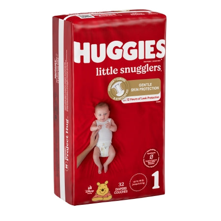 The red package of McKesson's Huggies® Little Snugglers Size 1 Unisex Baby Diapers features a smiling baby and promotes gentle skin and leak protection. It includes a Winnie the Pooh logo at the bottom left corner and contains 32 disposable diapers with heavy absorbency.