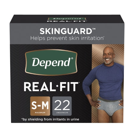 Box of Male Adult Absorbent Underwear Depend® Real Fit® S-M by McKesson offers Heavy Absorbency and Skincare protection, includes 22 pieces. The package features a smiling man in a blue shirt wearing gray absorbent underwear, highlighting skin irritation prevention.