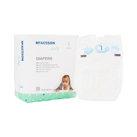 A package of McKesson Unisex Baby Diapers Size 1 boasts cloud designs and a smiling baby illustration. With heavy absorbency and refastenable tabs, these disposable diapers ensure comfort. Nearby, a single diaper displays the same charming cloud patterns.