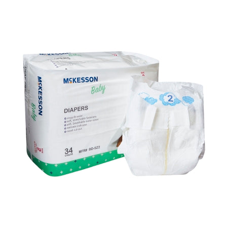 The McKesson Unisex Baby Diaper Size 2 package includes 34 cloth-like disposable diapers with heavy absorbency and refastenable tabs, offering both comfort and practicality for infants.