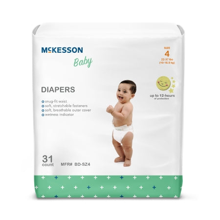 The packaging of Unisex Baby Diaper McKesson Size 4 Disposable Heavy Absorbency displays a smiling baby wearing a diaper. Each pack contains 31 diapers designed for infants weighing between 22-37 lbs, offering a snug fit, breathable cover, and wetness indicator. These diapers provide up to 12-hour protection with their heavy absorbency.