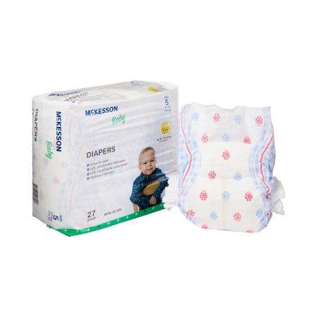 A package of McKesson Unisex Baby Diaper in size 5 showcases a smiling baby on the front, emphasizing its heavy absorbency. Beside the package, a single unfolded diaper features a red and blue print. The package contains 27 disposable diapers.