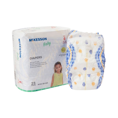 A package of Unisex Baby Diaper McKesson Size 6 Disposable Heavy Absorbency is shown. The package features a smiling child and text noting that it is for size 6, suitable for babies weighing up to 35 lbs. Next to it, a single colorful patterned baby diaper is displayed.