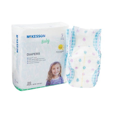 The McKesson Unisex Baby Diaper Size 7 package displays a smiling child in a blue shirt. Inside are 20 diapers with gentle stretch waistbands and reclosable fasteners for overnight protection. One diaper outside the pack shows colorful patterns and promises peace of mind with heavy absorbency.