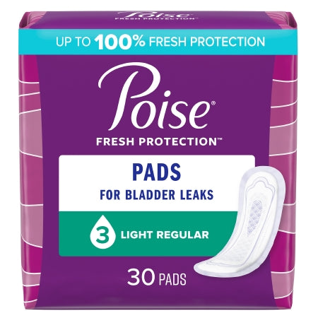 A purple package of McKesson Poise® Fresh Protection Bladder Control Pads, 9.33" long and light absorbency, contains 30 one-size pads. The label reads "Up to 100% fresh protection" and shows a pad image.