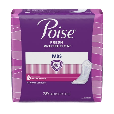 The McKesson Poise Fresh Protection Bladder Control Pads feature a purple and pink design with "14.6 Inch Length," "Heavy Absorbency," and an image of a pad on the packaging. Each pack contains 39 pads for reliable protection.