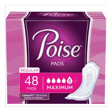 Image of a purple and pink Poise® Fresh Protection™ box by McKesson, labeled "Regular" with 48 bladder control pads. Features ContourFit design and heavy absorbency using a Sodium Polyacrylate Core. Highlights include Odor Control Technology with five drops symbol, along with a pad image on the package.
