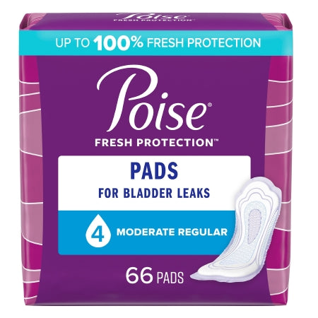 Explore McKesson's Poise® Fresh Protection™ Bladder Control Pads. The purple package features a blue and white label boasting "Up to 100% Fresh Protection" and "4 Moderate Regular." With 66 pads inside, it's the ultimate solution for moderate absorbency needs with a sodium polyacrylate core.