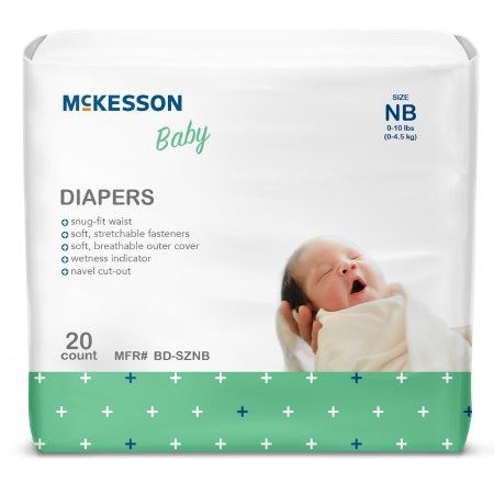 Introducing the Unisex Baby Diaper McKesson Newborn Disposable Heavy Absorbency, designed for newborns weighing between 0-10 lbs. These McKesson diapers offer a snug-fit waist with soft stretchable fasteners and a breathable outer cover to ensure comfort. They feature heavy absorbency, a wetness indicator, and a convenient navel cut-out. Each package contains 20 diapers and displays an image of a sleeping baby on the packaging.