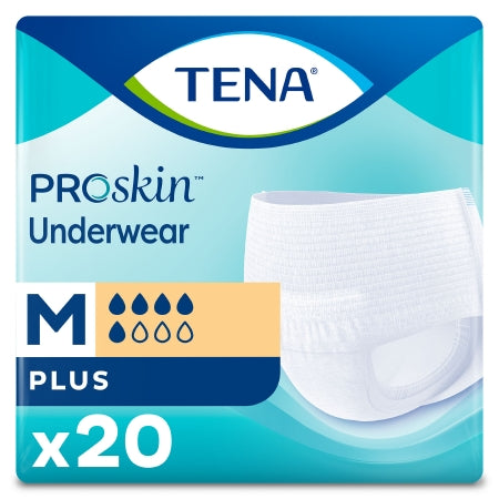McKesson’s TENA® ProSkin™ Plus Unisex Adult Absorbent Underwear, Medium, Moderate Absorbency, 20-count, comes in turquoise packaging with a white underwear image and highlights Triple Protection with bold product details.
