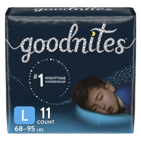 The McKesson Male Youth Absorbent Underwear, known as GoodNites® Pull On, provides reliable nighttime protection for children. The front of the package features a peaceful sleeping child and indicates "Size L, 68-95 lbs, 11 count." Celebrated as the "#1 nighttime underwear," it is carefully crafted to be hypoallergenic for sensitive skin.