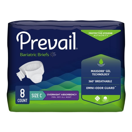 Package of 8 McKesson Unisex Adult Incontinence Briefs, Prevail® Bariatric Size C, with MaxSorb Gel Technology, 360° Breathable material, and Omni-Odor Guard. Designed for heavy absorbency and overnight comfort.