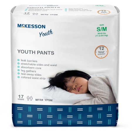 Package of McKesson Unisex Youth Absorbent Underwear, Pull On with Tear Away Seams, size S/M for 38-65 lbs, 17 count. Features leak barriers, stretchy sides, overnight protection; package shows a sleeping child on a white pillow.