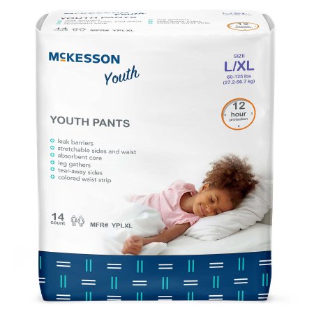 McKesson's Unisex Youth Absorbent Underwear, size L/XL for 60-125 lbs, features a sleeping child with a white comforter on the package. It has leak barriers, stretchable sides, heavy absorbency core, and colored waist strip. The latex-free disposable pack includes 14 pants offering 12-hour protection.