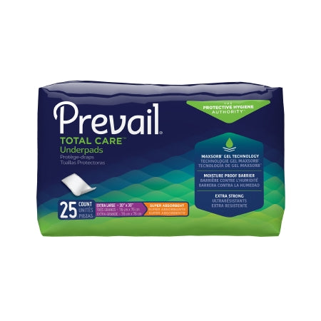 McKesson's Prevail® Total Care™ disposable underpads, measuring 30 x 30 inches, boast a sleek blue and green design. Featuring MaxSorb Gel Technology and a Moisture-Proof Barrier for heavy absorbency, they are labeled extra strong. Each pack contains 25 units.