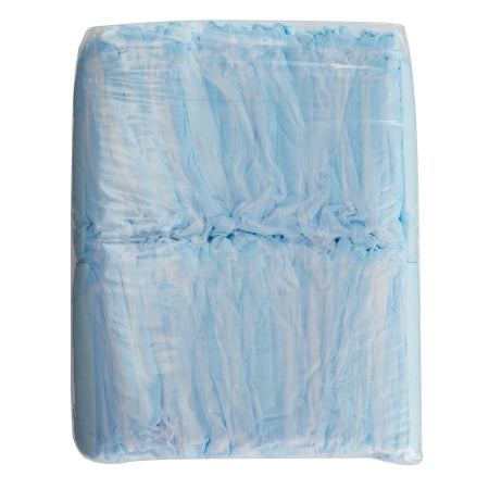 A neatly stacked bundle of McKesson Simplicity™ Basic Disposable Underpads, 17 x 24 inch with light absorbency, wrapped in clear plastic packaging.