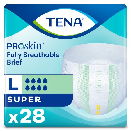 TENA ProSkin™ packaging displays the Tena logo, a description of the unisex adult incontinence brief in size L, "Super" absorbency with five droplets, and contains 28 briefs on a backdrop of light blue and green.