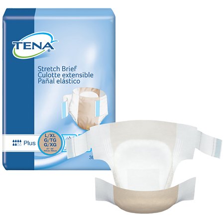 The McKesson TENA® Stretch™ Plus Unisex Adult Incontinence Briefs in size Large/X-Large, designed for moderate absorbency, feature a beige and white design with adjustable tabs. The packaging has a blue background with multilingual labeling.