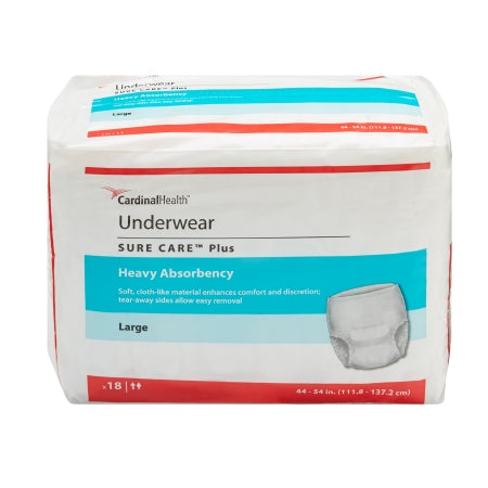Package of McKesson Unisex Adult Absorbent Underwear Sure Care™ Plus with tear-away seams, disposable for heavy absorbency, size large, 18 pieces. Features red and blue accents with a product image. Fits waist sizes 44-54 inches (111.8-137.2 cm).