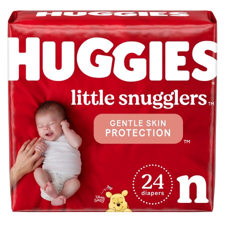 The McKesson Huggies® Little Snugglers newborn baby diapers come in a red pack featuring a smiling baby in a white onesie with Disney’s Winnie the Pooh logo. It highlights "Gentle Skin Protection," offering 24 diapers with GentleAbsorb Liner, ensuring heavy absorbency.