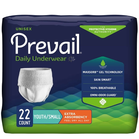 The Prevail® Daily Underwear by McKesson features MaxSorb Gel Technology, Skin Smart, 100% Breathable fabric, and Omni-Odor Guard. This unisex small-sized pack includes 22-count with moderate absorbency for reliable protection, designed with pull on and tear away seams.