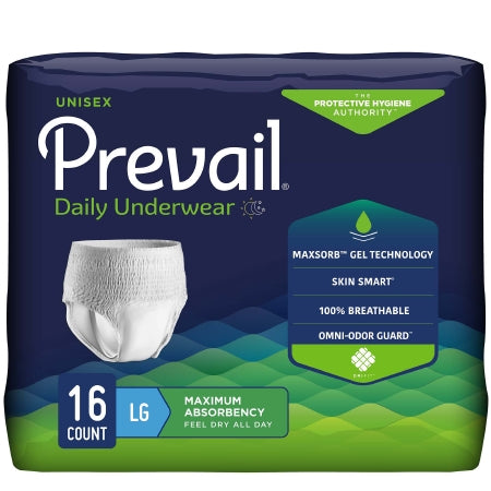 A package of McKesson Prevail® Unisex Adult Absorbent Underwear, large size (16 count), features MaxSorb gel technology for maximum absorbency. Blue and green packaging with product image; ideal for daily adult protection.