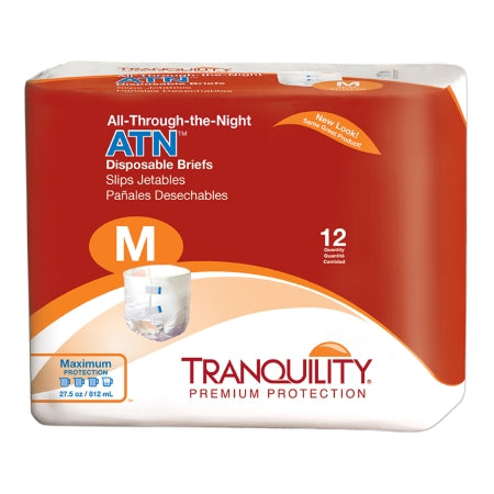 McKesson's Unisex Adult Incontinence Brief Tranquility® ATN Medium offers outstanding overnight protection with heavy absorbency. The distinct orange and white design highlights its "All-Through-the-Night" claim, featuring Spanish "Pañales Desechables." Packaged in a convenient 12-count.