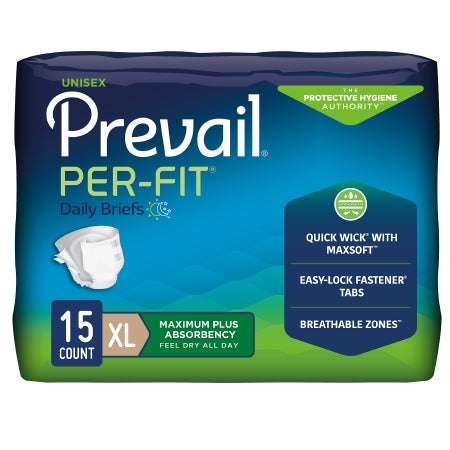 McKesson Unisex Adult Incontinence Brief Prevail® Per-Fit®, X-Large, 15 ct. Disposable briefs provide heavy absorbency, maximum comfort with Quick Wick with MaxSoft, Easy-Lock Fasteners, and breathable zones for reliable unisex protection.