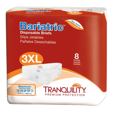 The McKesson Tranquility® Bariatric 3XL Unisex Adult Incontinence Briefs provide heavy absorbency for peace of mind. The package includes 8 briefs, featuring English, French, and Spanish phrases, all in an eye-catching vibrant orange and white design.
