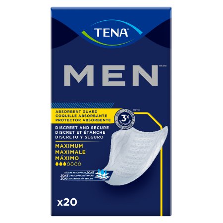 The TENA® Men™ Maximum Absorbency Guard by McKesson features a product image on the right, emphasizing discreet and secure protection. This 20-count bladder control pad with an 8" length offers a Dry-Fast Core™ for enhanced absorbency and comfort, fitting most sizes.