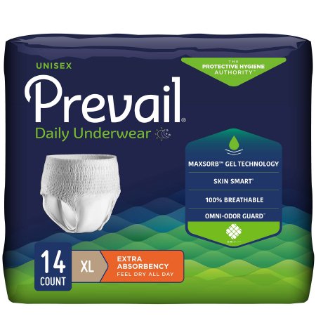 The packaging for McKesson's Prevail® Unisex Adult Absorbent Underwear displays the product image and highlights features like MaxSorb™ Gel Technology, Skin Smart material, 100% breathability, and Omni-Odor Guard. It includes 14 XL pieces with moderate absorbency, ensuring comfort.