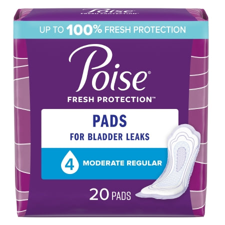 The image displays a McKesson Poise® Fresh Protection™ bladder control pad package, colored in purple and blue. It guarantees "Up to 100% Fresh Protection" for bladder leaks with moderate absorbency. There are 20 regular incontinence pads inside, along with an illustration of a single pad.