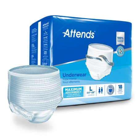 The packaging of McKesson's Unisex Adult Absorbent Underwear Attends® features a blend of blue and white, indicating a size Large with heavy absorbency. This reliable leak protection product is available in an 18-count package for added convenience and easy disposal with its tear-away seams.